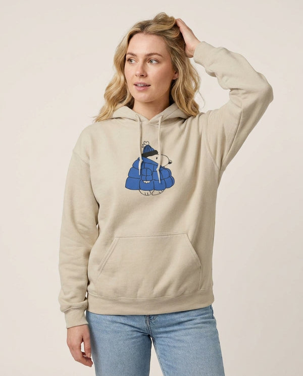 Cartoon Beagle Puffer Jacket Blue Hoodie — Sand Front, worn