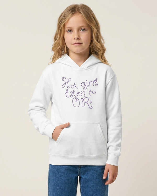 Hot Girls Listen To OR Kids Hoodie — White Front, worn