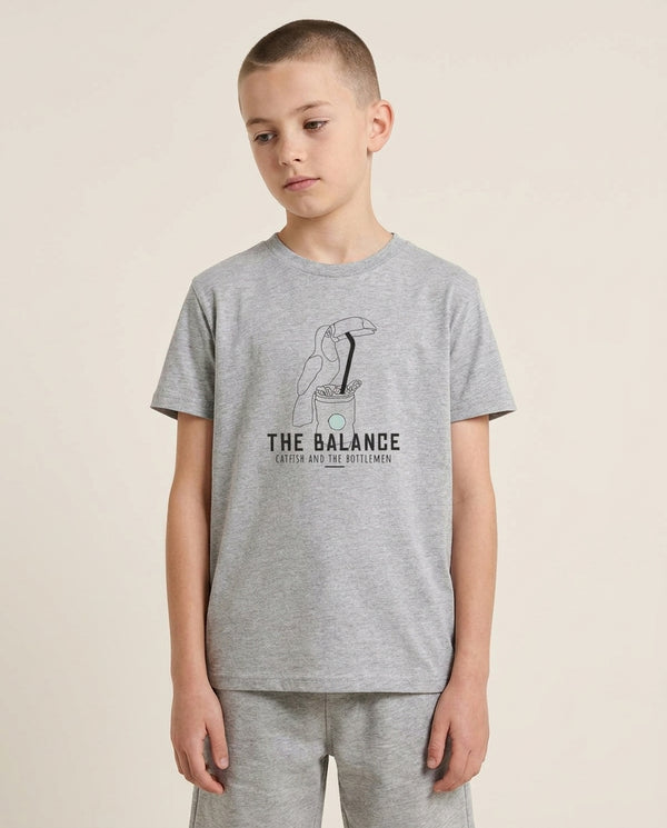 The Balance Kids T-Shirt — Grey Front, worn