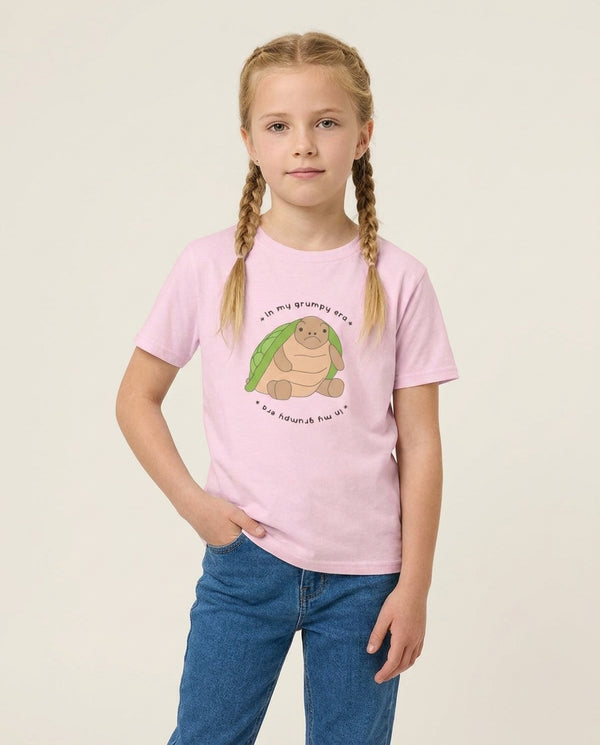 Grumpy Era Turtle Kids T-Shirt — Pink Front, worn