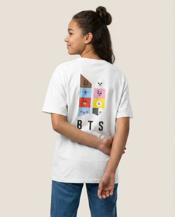 BT21 K-Pop Band Logo T-Shirt — White Back, worn