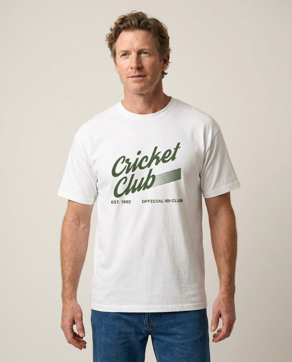 Official Cricket Club T-Shirt — White Front, worn