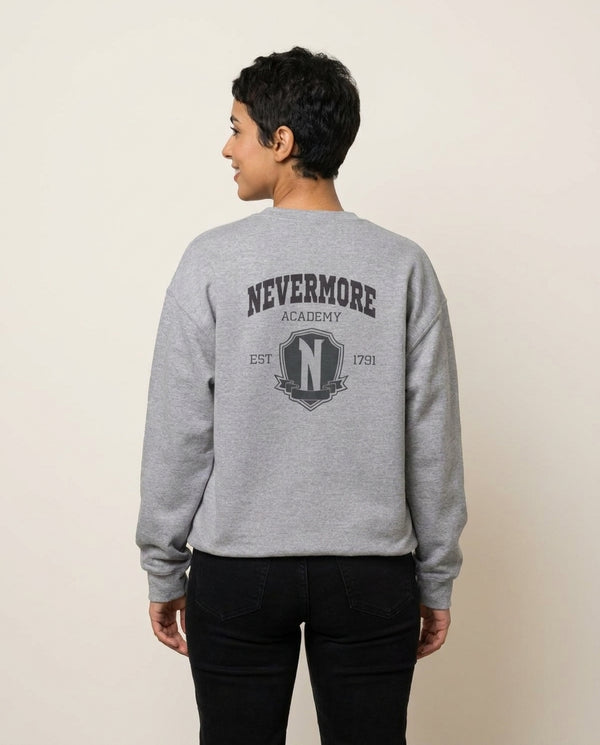 Addams Academy Gray Sweatshirt — Grey Back, worn