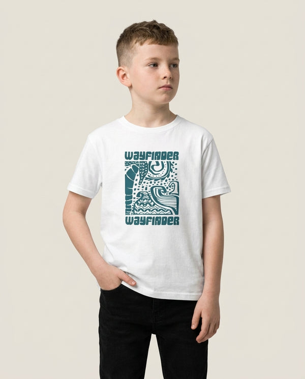 Wayfinder Print Kids T-Shirt — White Front, worn