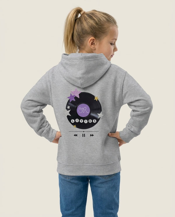 Amethyst Vinyl Scrapbook Kids Hoodie — Grey Back, worn