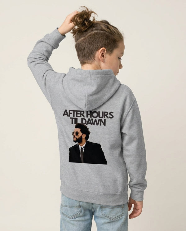 AHTD Singer Kids Hoodie — Grey Back, worn