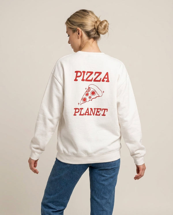 Retro Pizza Planet  Sweatshirt — White Back, worn