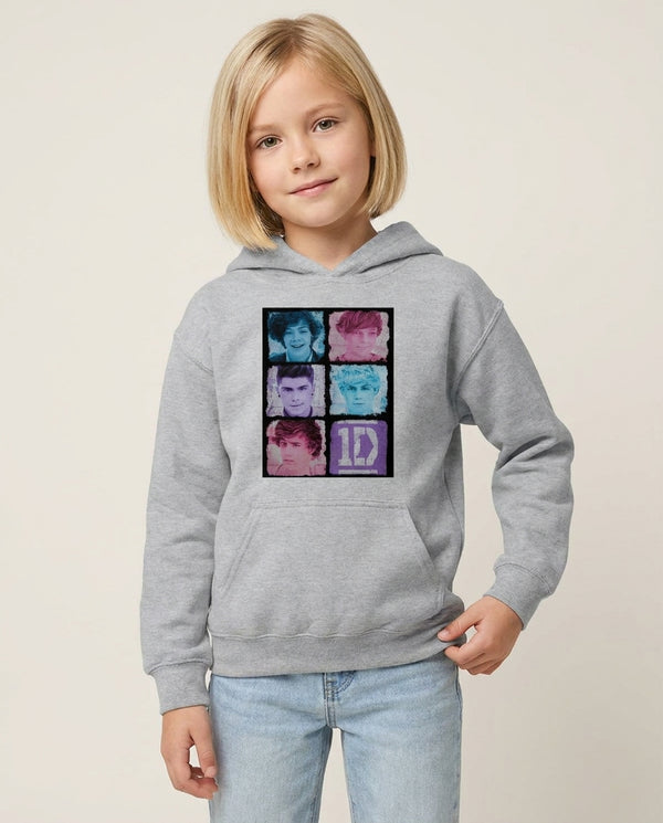 1D Members Kids Hoodie — Grey Front, worn