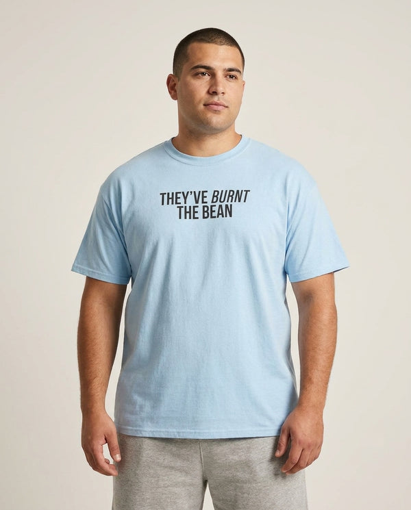 They've Burnt The Bean T-Shirt — Blue Front, worn