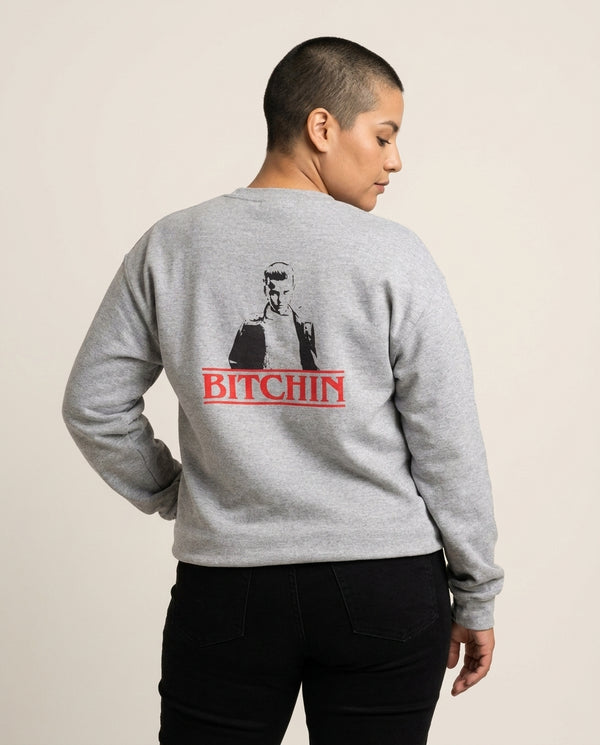 Eleven Bitchin' Sweatshirt — Grey Back, worn