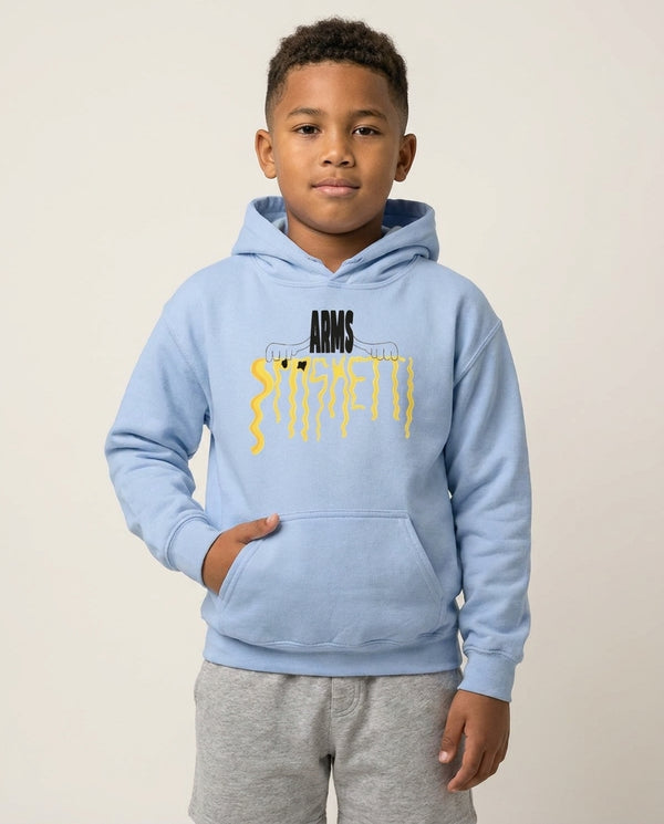 Arms Spaghetti - Blue Kids Hoodie — Blue Front, worn
