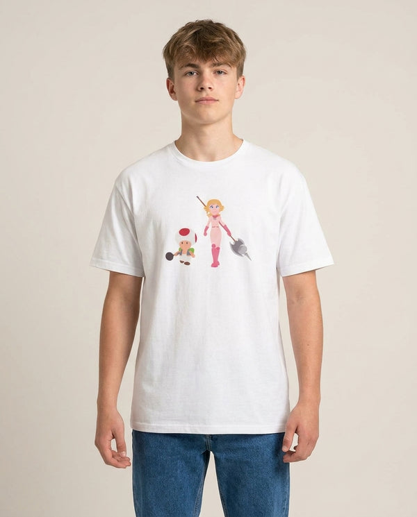 Toad And Peach T-Shirt — White Front, worn