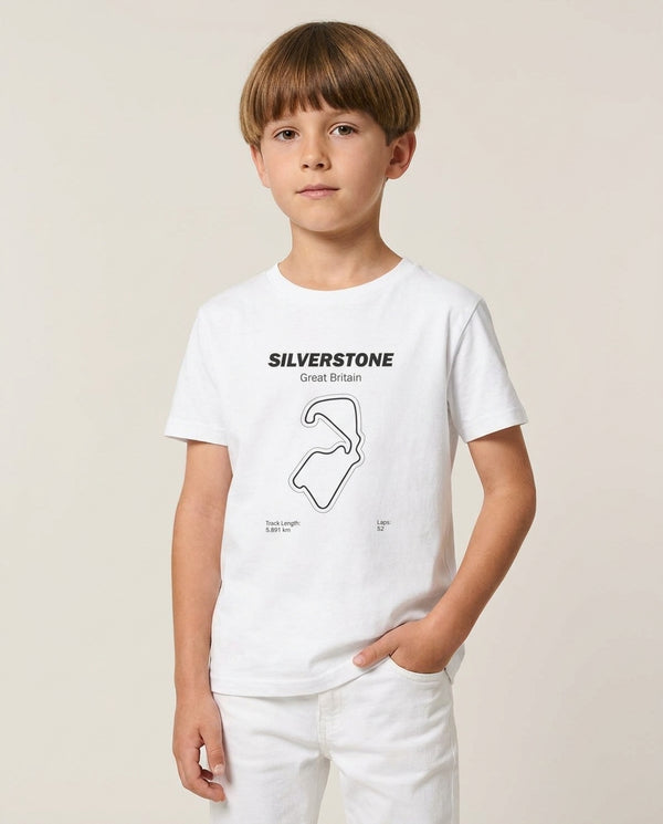 Silverstone Circuit Kids T-Shirt — White Front, worn