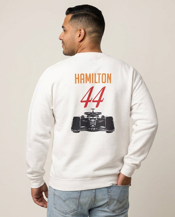 F1 Car Hamilton Sweatshirt — White Back, worn