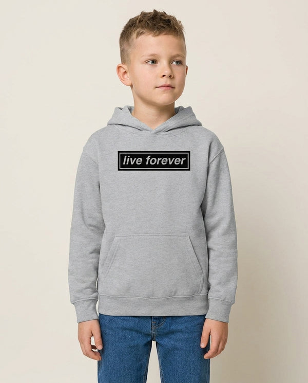 Live Forever Kids Hoodie — Grey Front, worn