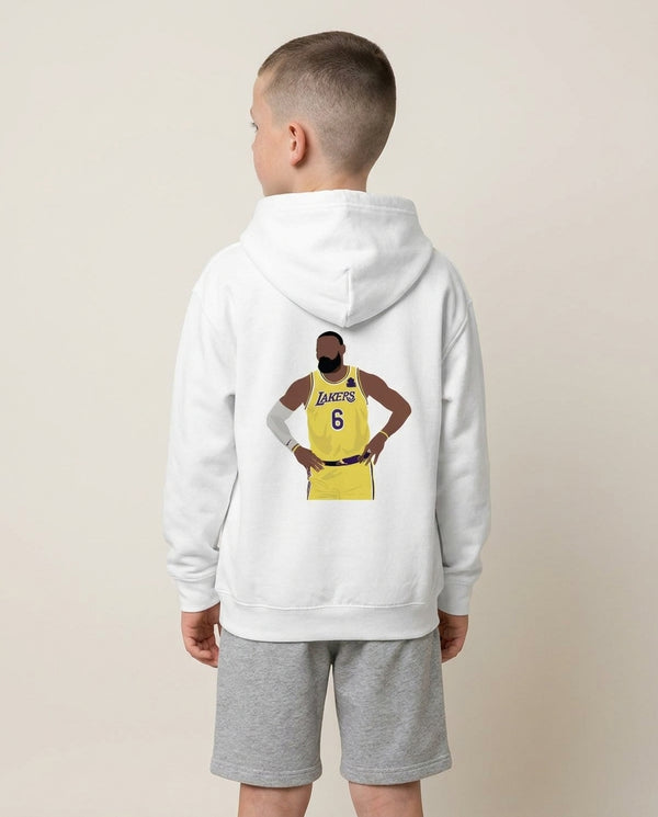 Lebron - Baskteball Kids Hoodie — White Back, worn
