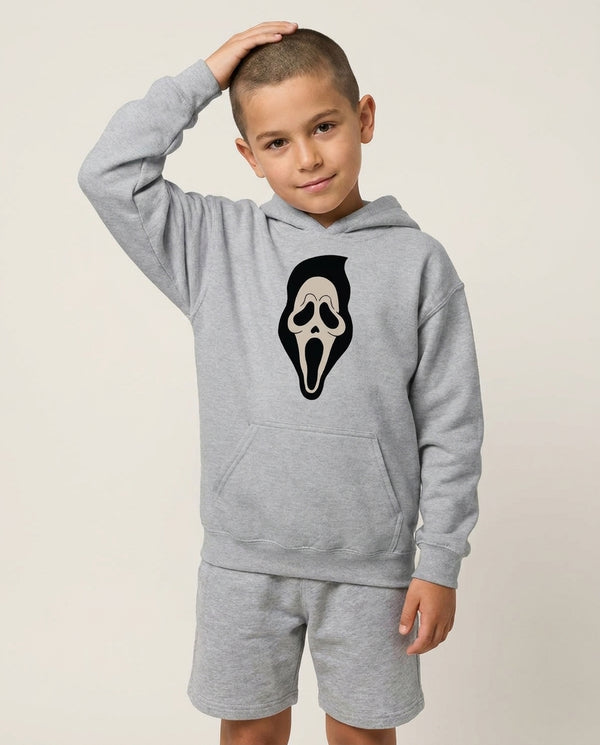 Pink Ghostface Pattern - Scream Kids Hoodie — Grey Front, worn