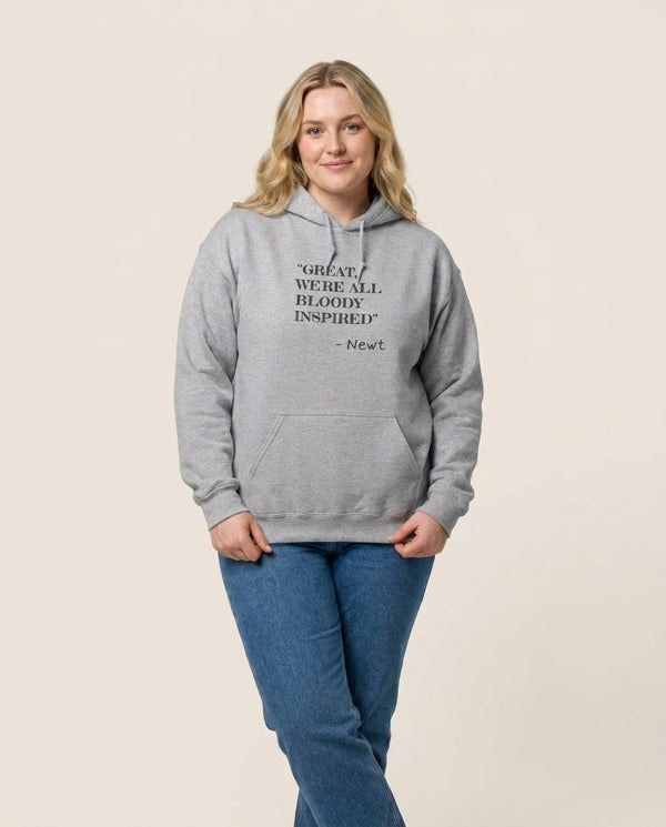 Great, We're All Bloody Inspired - Maze Hoodie — Grey Front, worn