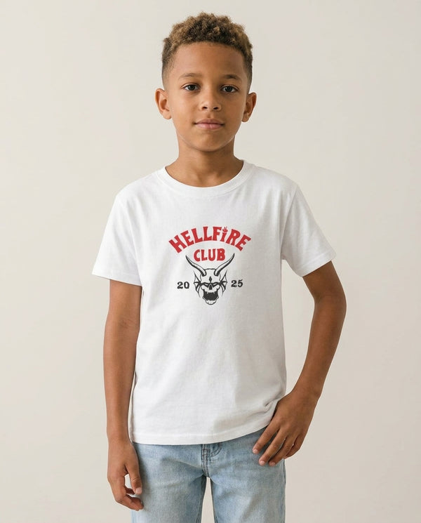 Hellfire Club 2025 Kids T-Shirt — White Front, worn