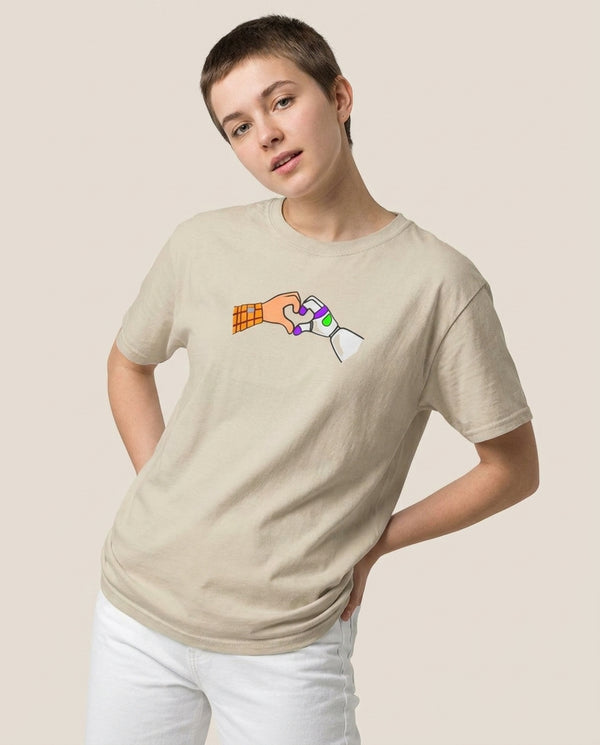 Woody And Buzz Love T-Shirt — Sand Front, worn