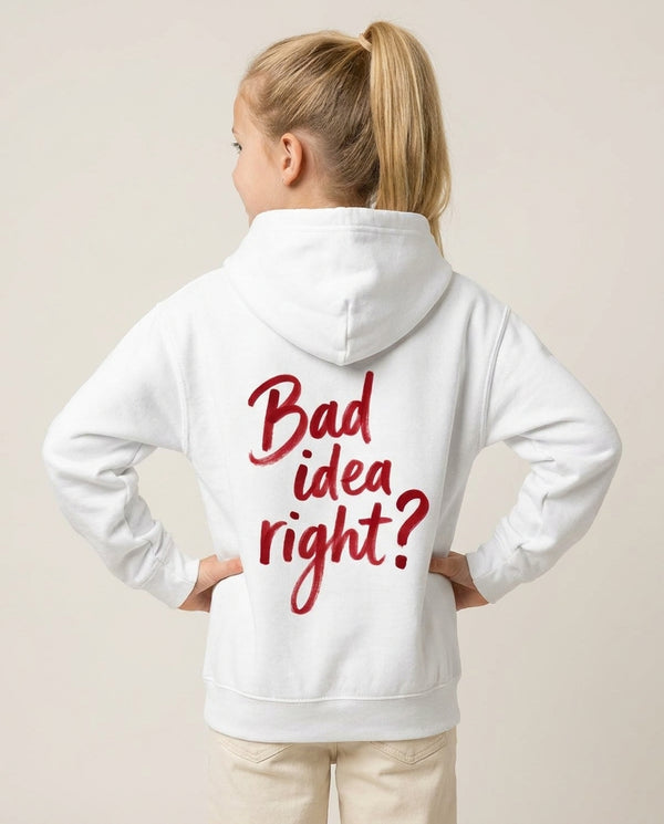 Bad Idea Right Kids Hoodie White Back, worn