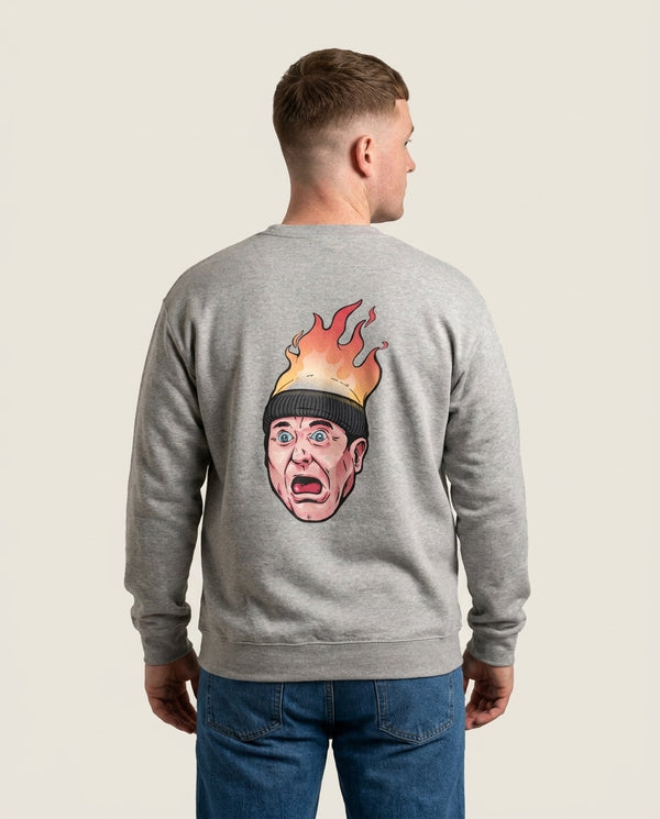 Flaming Beanie Sweatshirt Grey Back, worn