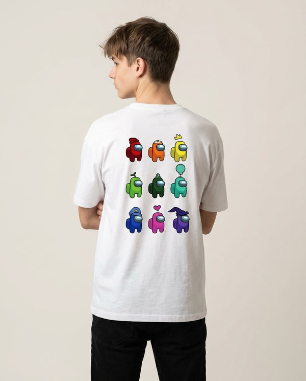 Among Gaming characters T-Shirt — White Back, worn
