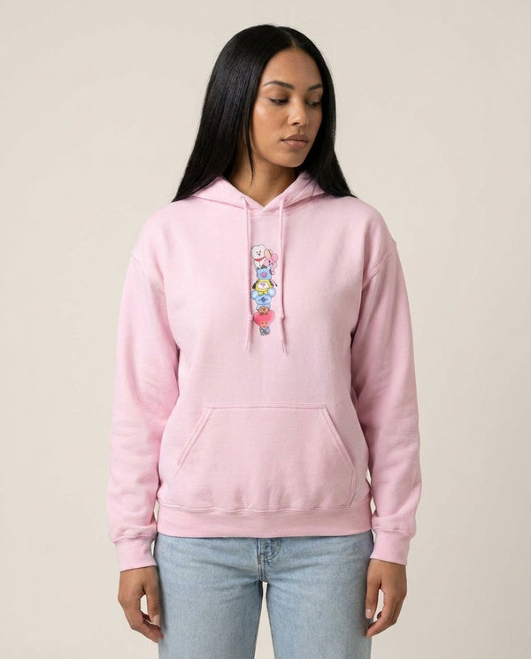 K-Pop Band BT21 Drawing Hoodie — Pink Front, worn