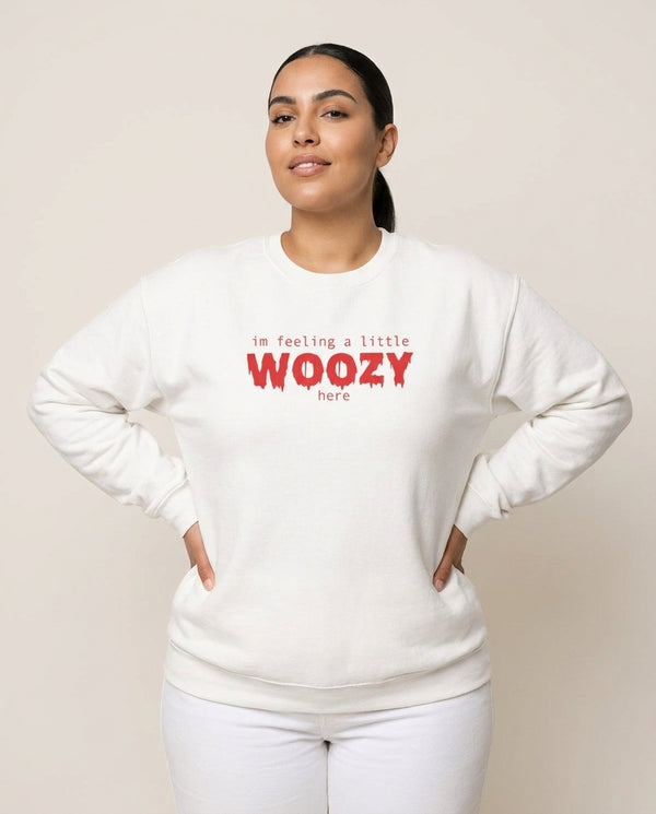 Im Feeling A Little Woozy Here - Halloween Sweatshirt — White Front, worn