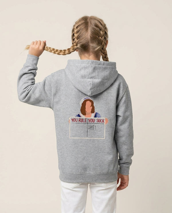 You Suck Tally Kids Hoodie — Grey Back, worn