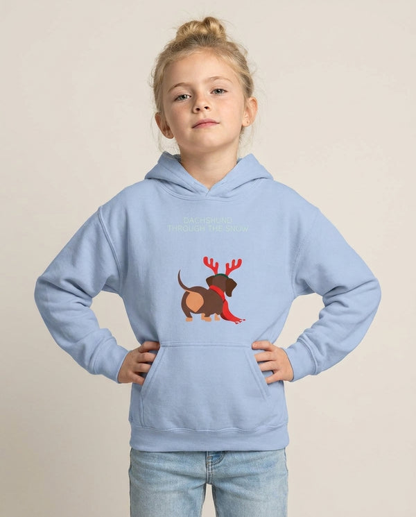 Dachshund Through The Snow - Christmas Kids Hoodie — Blue Front, worn