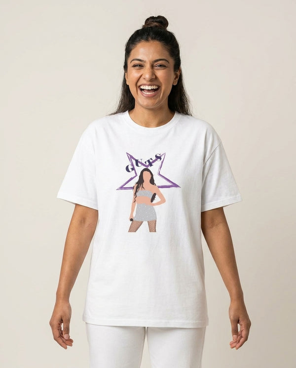 Dark Purple Olivia T-Shirt — White Front, worn