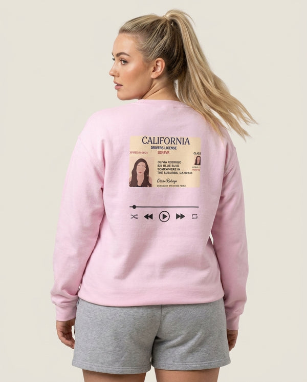 Drivers License - Olivia Rodrigo TikTok Sweatshirt — Pink Back, worn