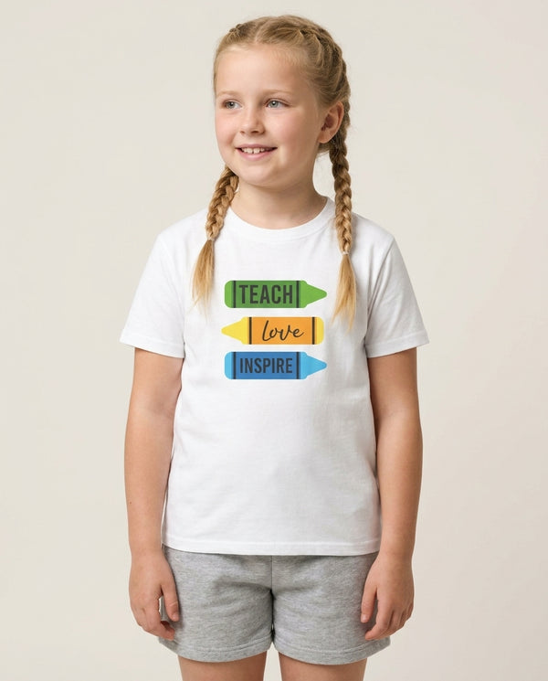 Teach, Love, Inspire Kids T-Shirt — White Front, worn