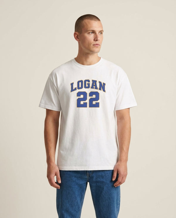 Logan T-Shirt — White Front, worn