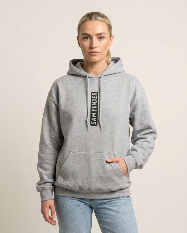 Fender Vertical Hoodie — Grey Front, worn