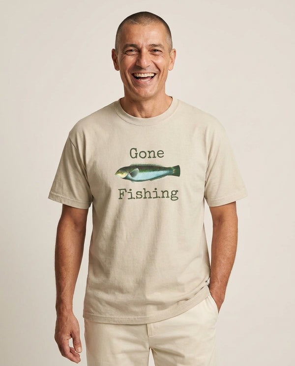 Gone Fishing  T-Shirt — Sand Front, worn