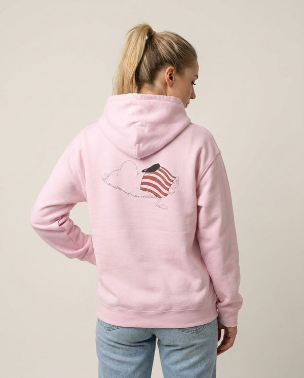 Moom On Grass Hoodie — Pink Back, worn