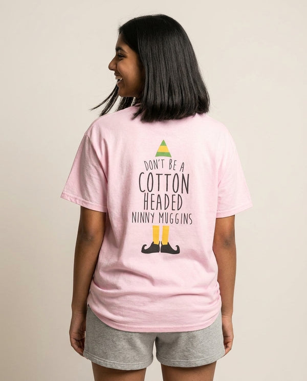 Cotton Headed Ninny Muggins - Buddy The Elf T-Shirt — Pink Back, worn