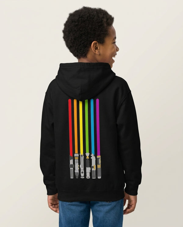 Lightsabers Kids Hoodie — Black Back, worn