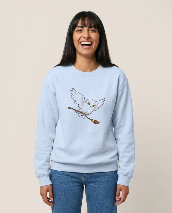 Messenger Owl Hedwig Sweatshirt — Blue Front, worn