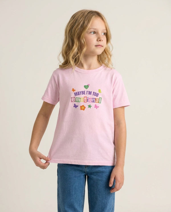 Maybe I'm Too Emotional Kids T-Shirt Pink Front, worn