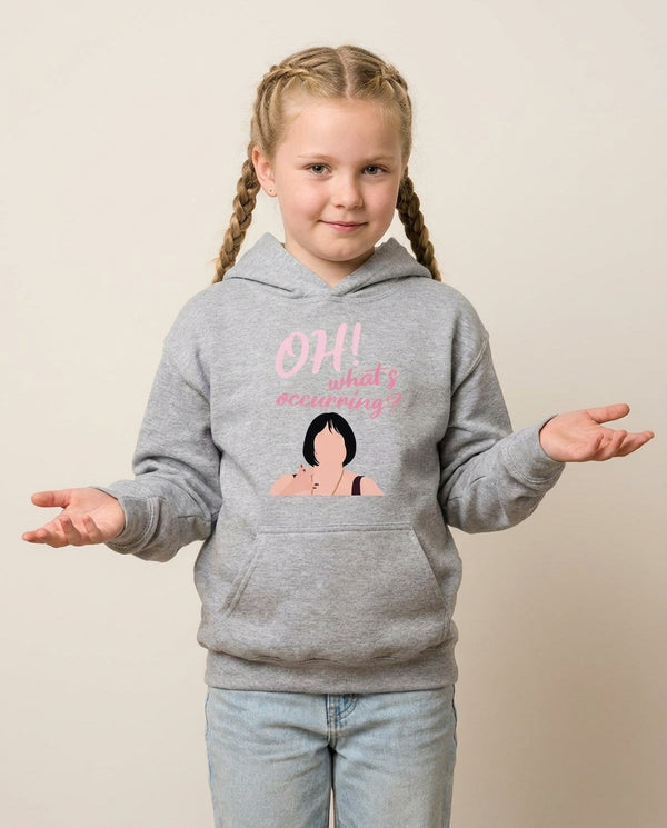 What's Occuring? Kids Hoodie — Grey Front, worn