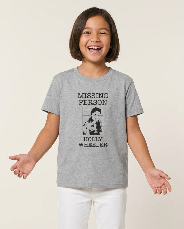 Missing Person Holly Kids T-Shirt — Grey Front, worn