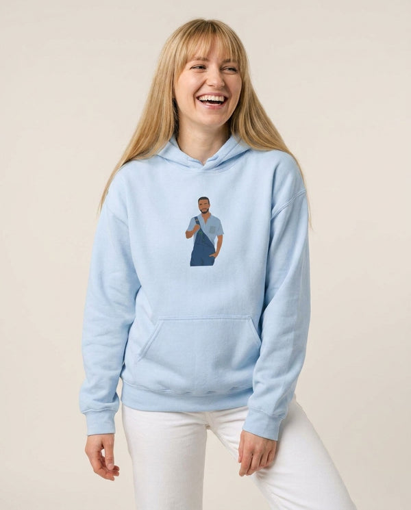 Aston Hoodie — Blue Front, worn