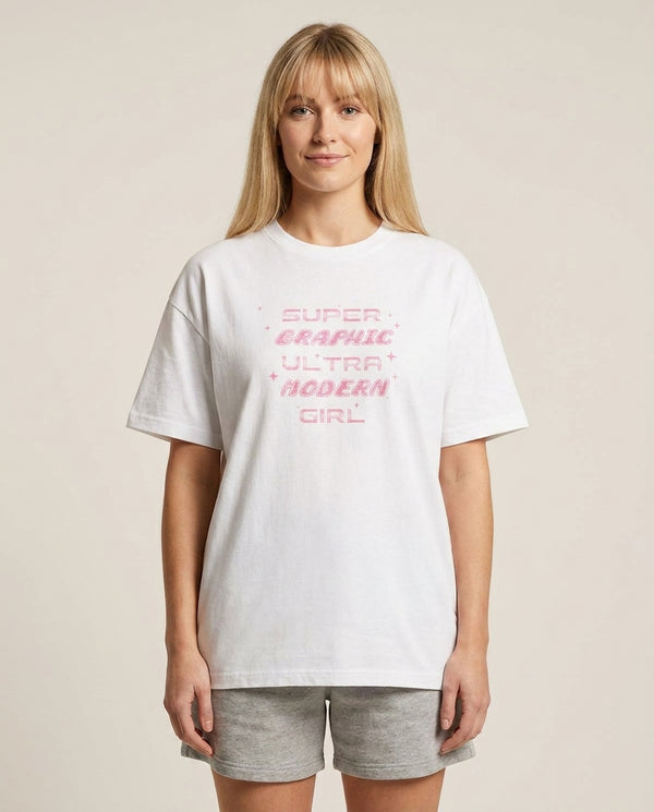 Super Graphic Ultra Modern Girl - Chappell T-Shirt — White Front, worn