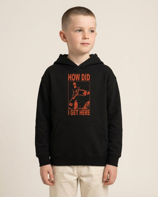 HDIGH Poster Kids Hoodie — Black Front, worn
