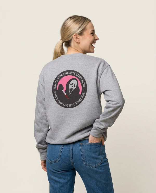 What's Your Favourite Scary Movie Badge Sweatshirt — Grey Back, worn