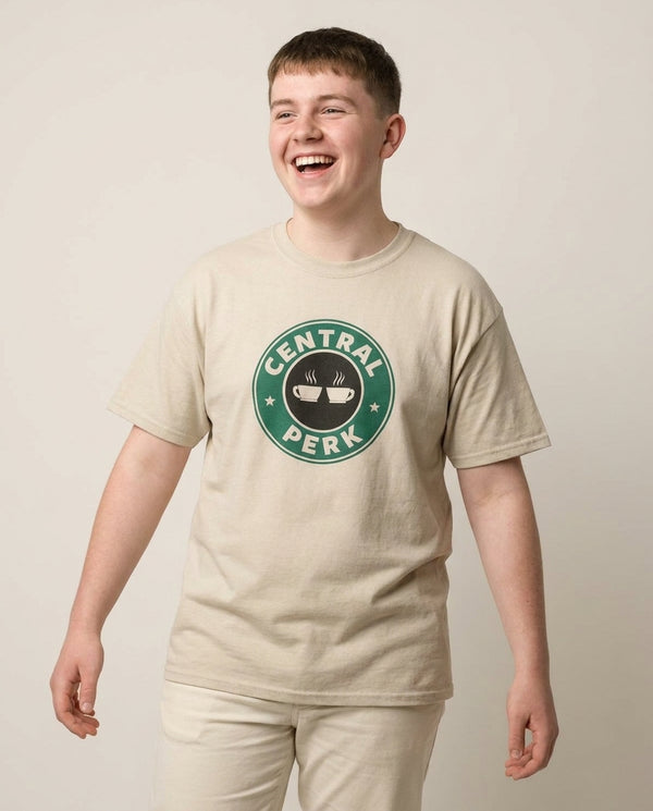 Central Perk - Coffee Logo T-Shirt — Sand Front, worn