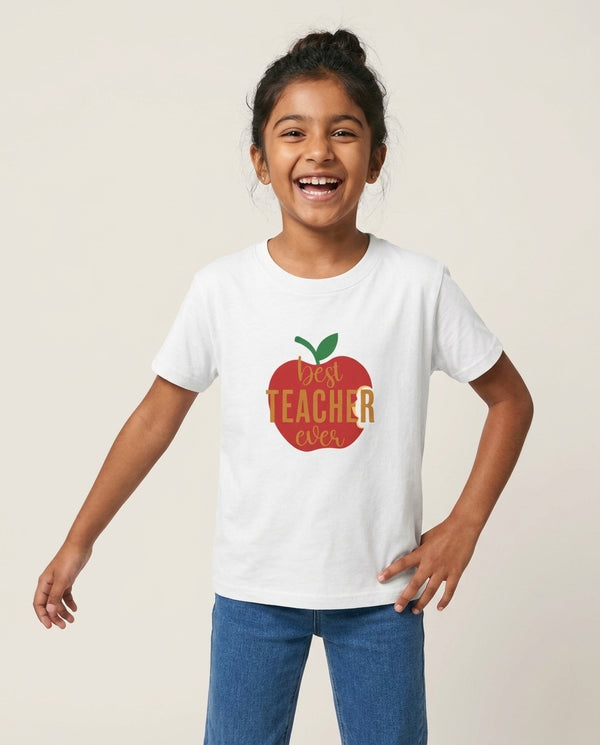 Apple Best Teacher Ever Kids T-Shirt — White Front, worn